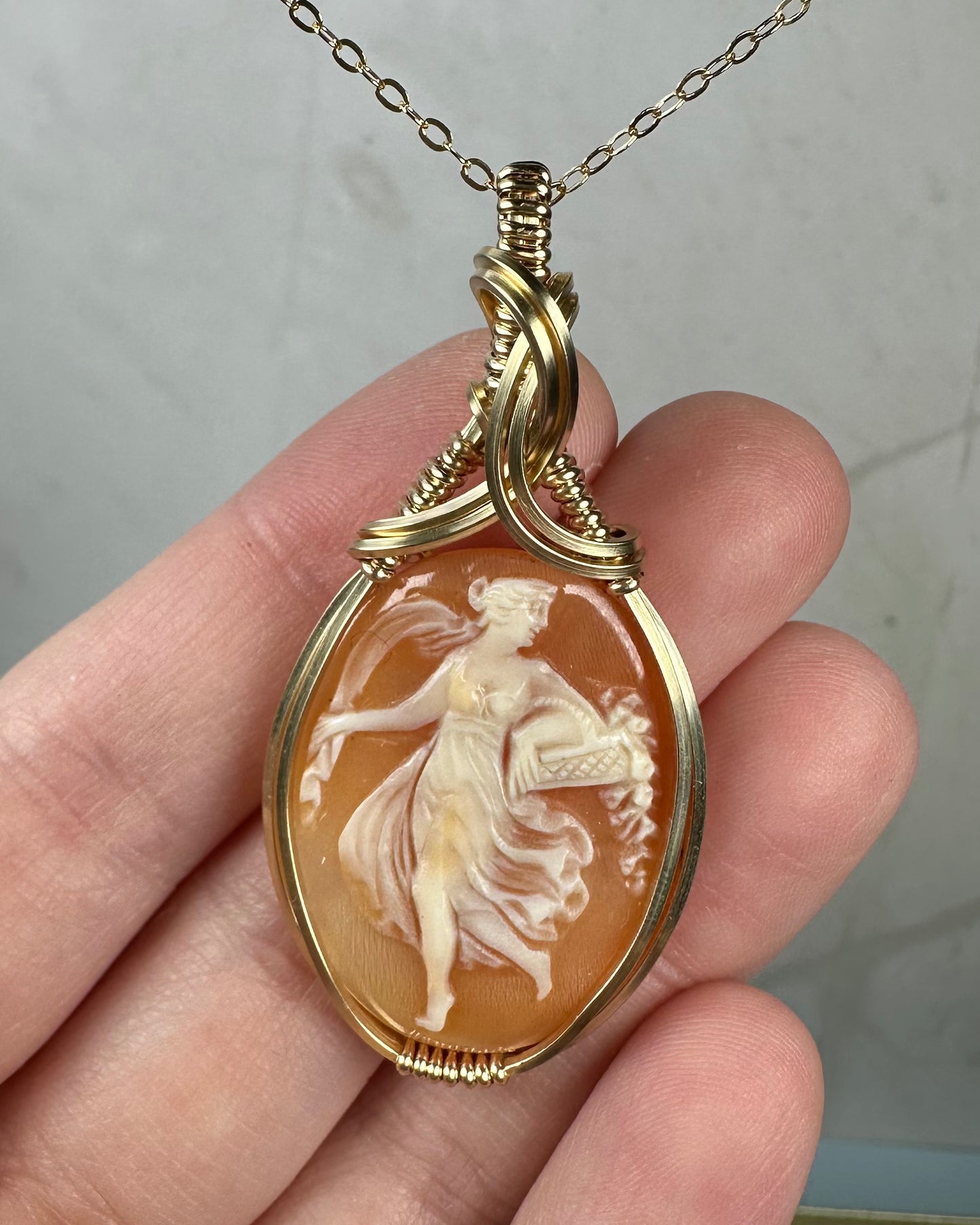 Antique Carved Shell Cameo of Woman with Floral Basket Pendant in Wrapped in 14k Goldfilled Wire