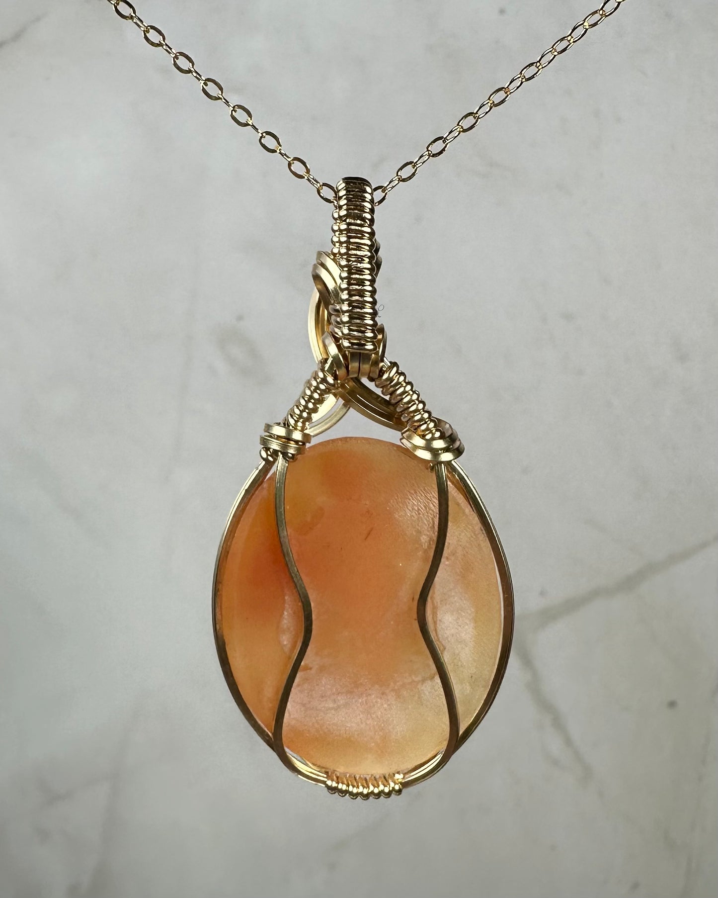 Antique Carved Shell Cameo of Woman with Floral Basket Pendant in Wrapped in 14k Goldfilled Wire