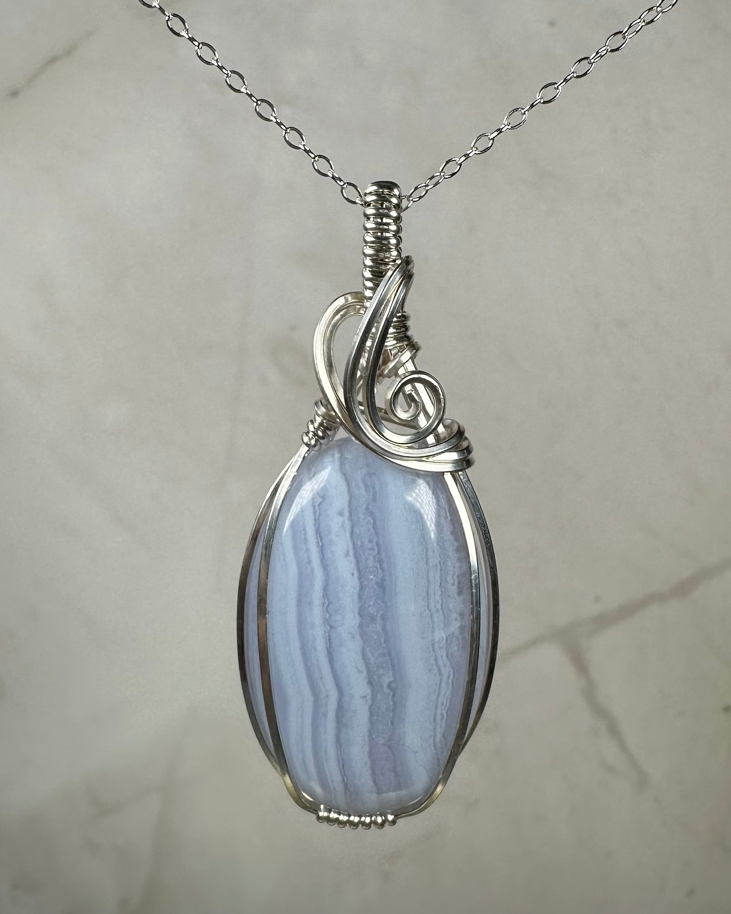 Blue Lace Agate Pendant Wrapped in Sterling Silver Wire