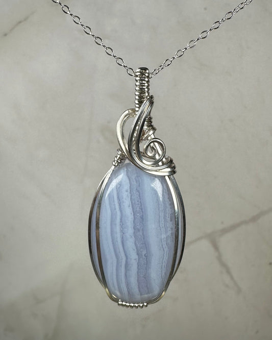 Blue Lace Agate Pendant Wrapped in Sterling Silver Wire