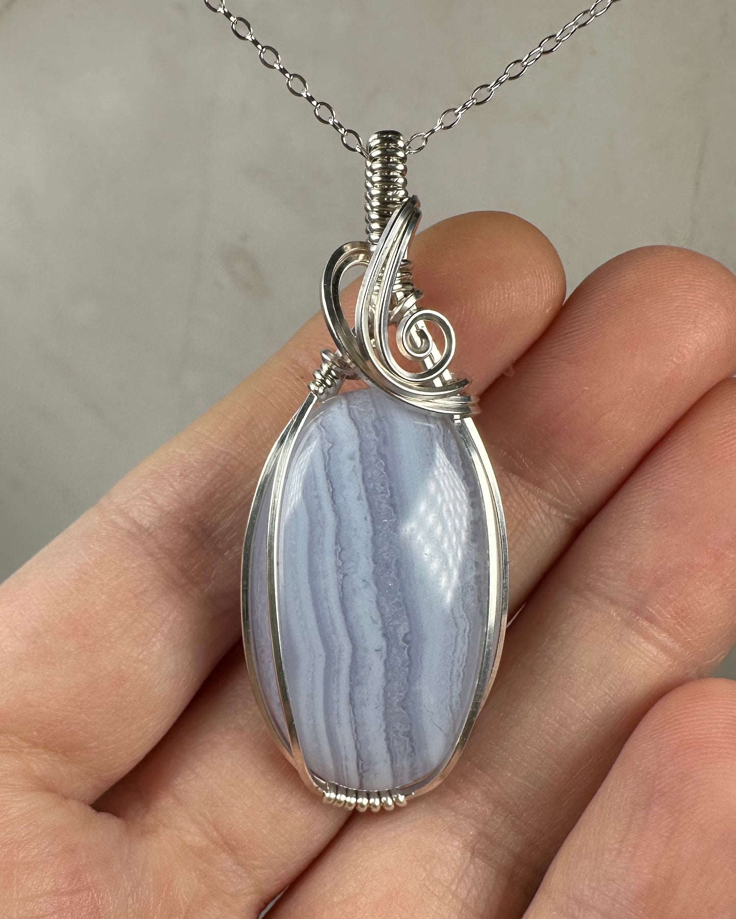 Blue Lace Agate Pendant Wrapped in Sterling Silver Wire