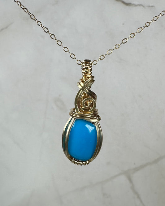 Wire-Wrapped Vintage Blue American-Mined Turquoise Pendant in 14k Goldfill