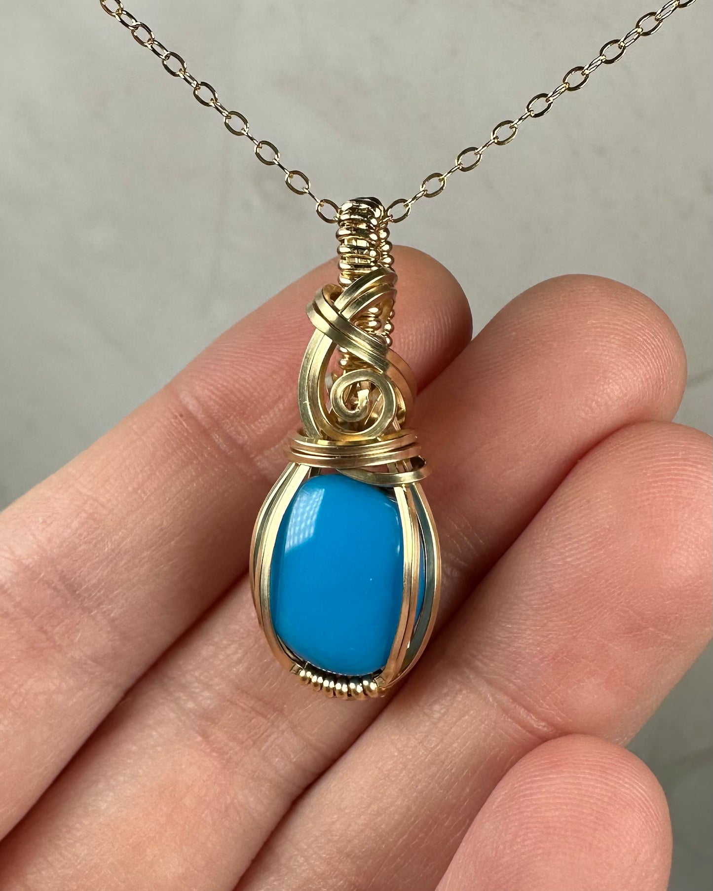 Wire-Wrapped Vintage Blue American-Mined Turquoise Pendant in 14k Goldfill