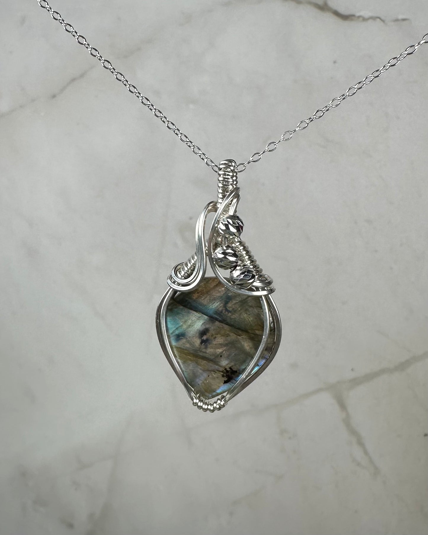 Flashy Blue Labradorite Pendant Wire-Wrapped in Sterling Silver