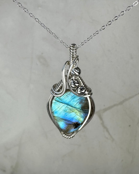 Flashy Blue Labradorite Pendant Wire-Wrapped in Sterling Silver