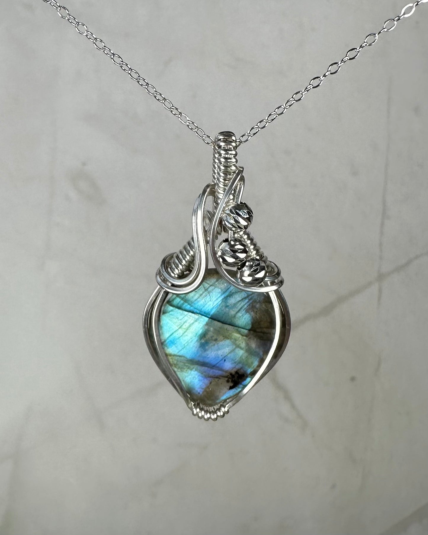 Flashy Blue Labradorite Pendant Wire-Wrapped in Sterling Silver