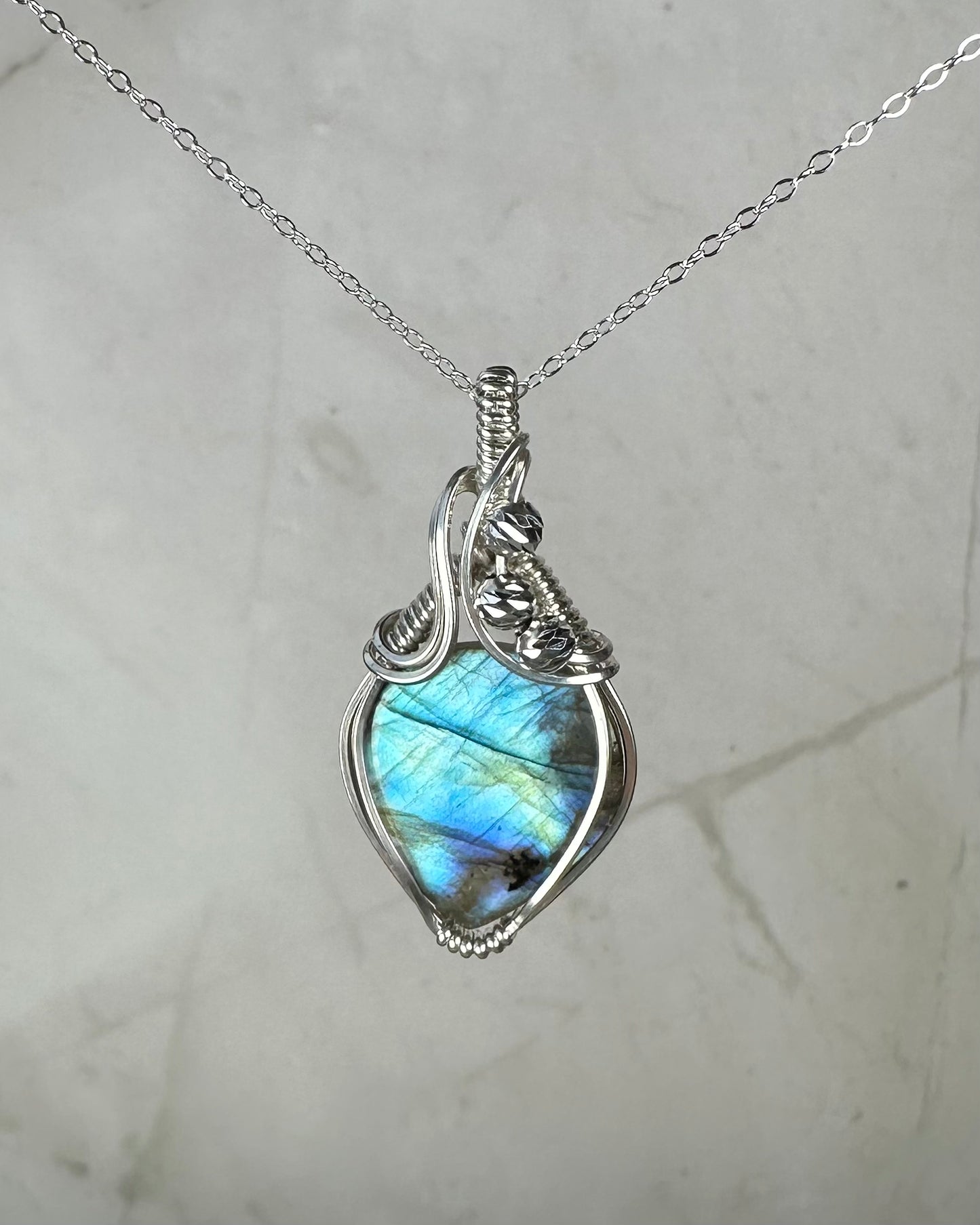 Flashy Blue Labradorite Pendant Wire-Wrapped in Sterling Silver