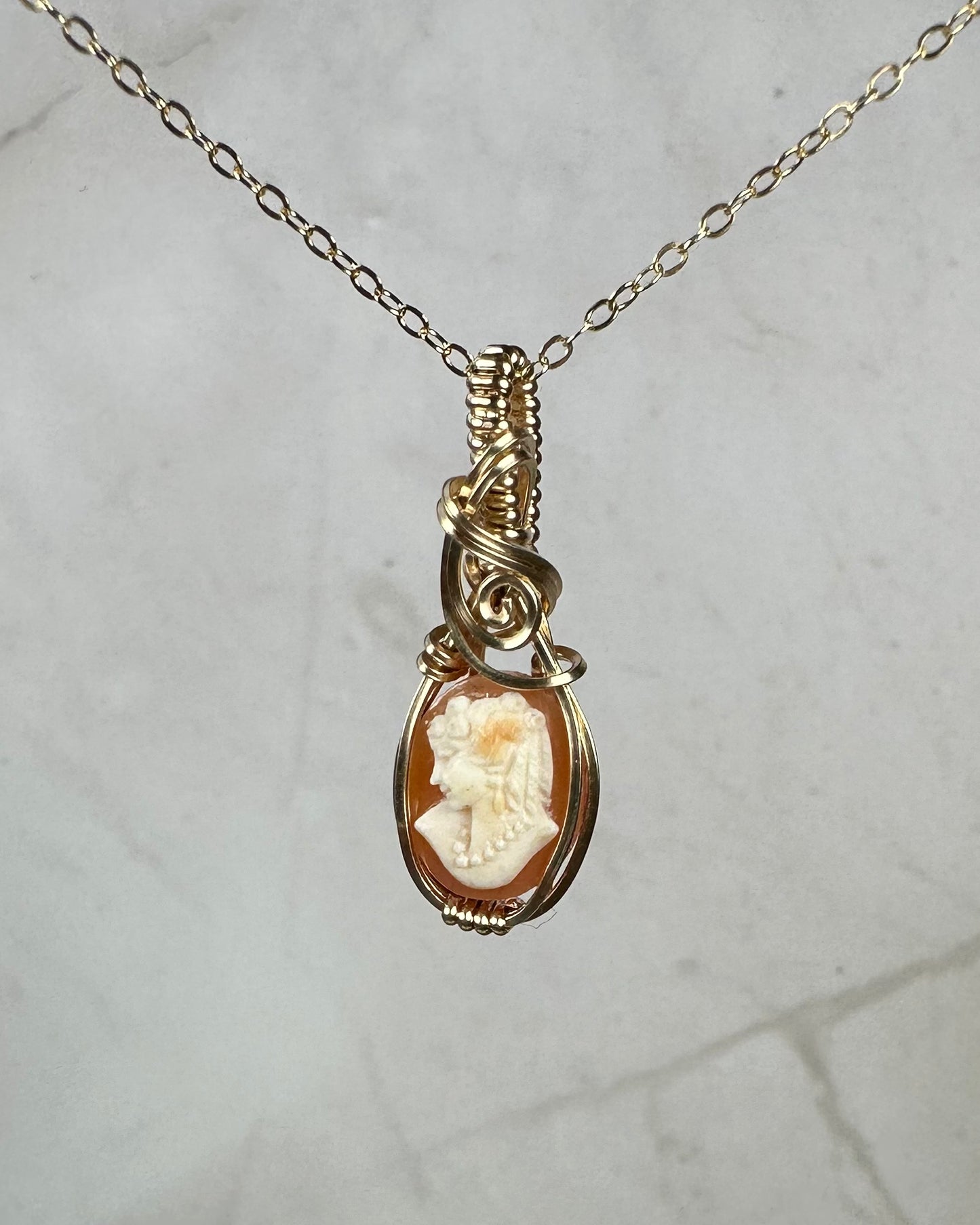 Vintage Carved Shell Cameo of Woman Pendant Wire-Wrapped in 14k Goldfill