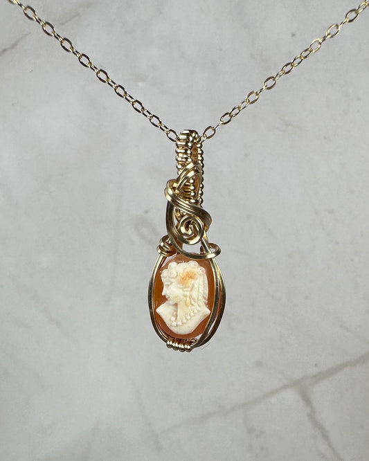 Vintage Carved Shell Cameo of Woman Pendant Wire-Wrapped in 14k Goldfill