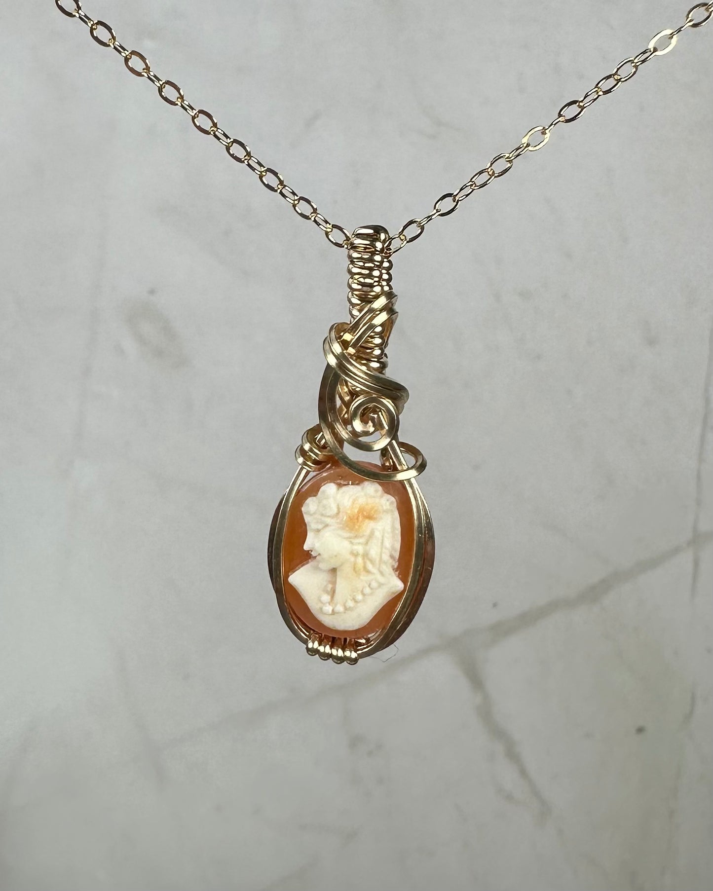 Vintage Carved Shell Cameo of Woman Pendant Wire-Wrapped in 14k Goldfill