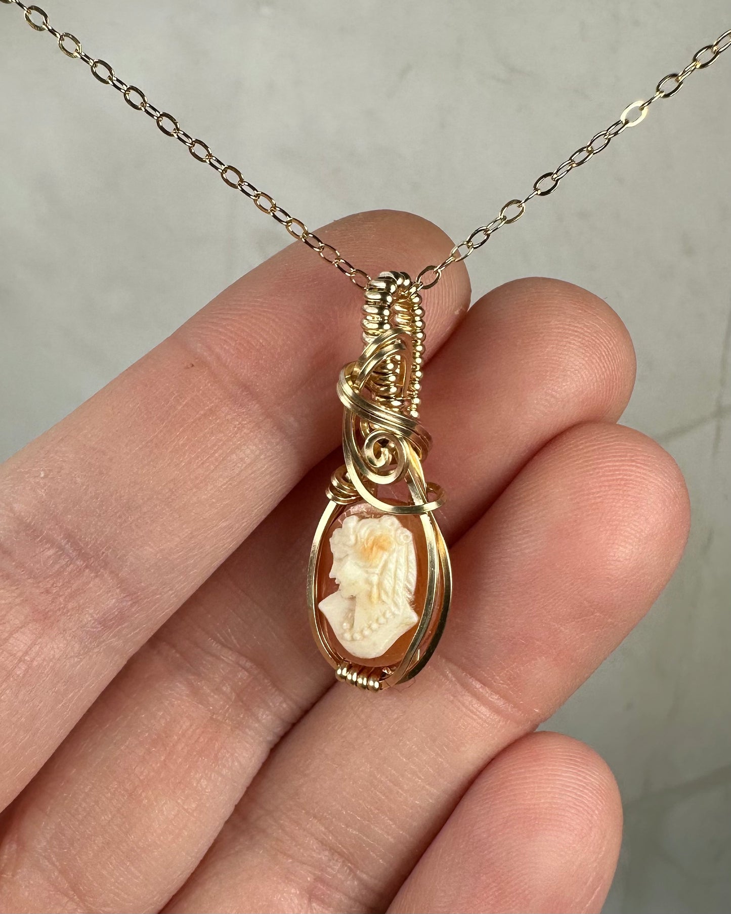 Vintage Carved Shell Cameo of Woman Pendant Wire-Wrapped in 14k Goldfill