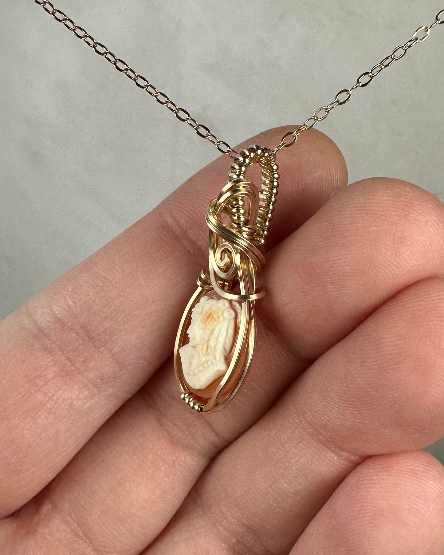 Vintage Carved Shell Cameo of Woman Pendant Wire-Wrapped in 14k Goldfill