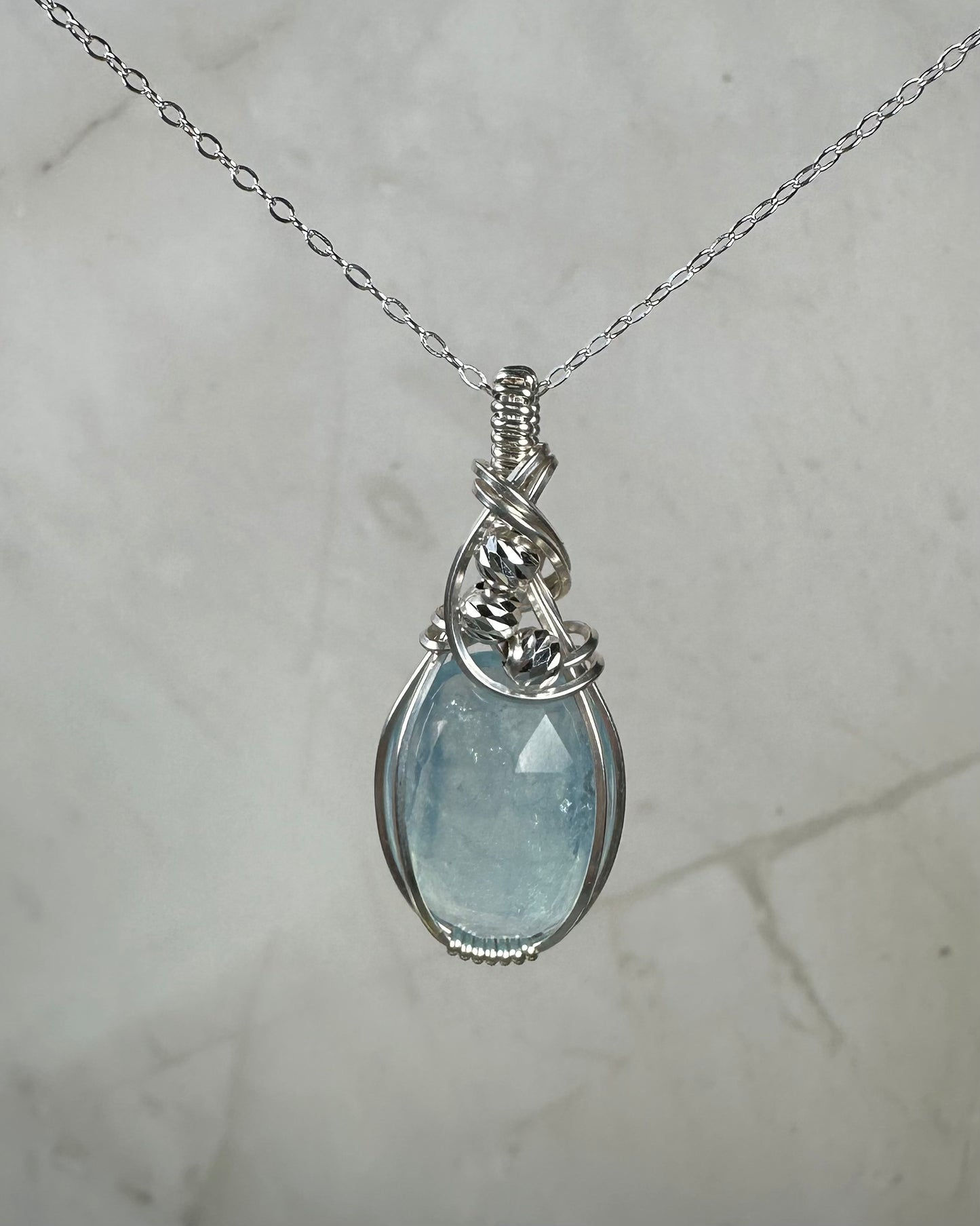 Wire-Wrapped Rosecut Aquamarine Pendant in Sterling Silver Wire