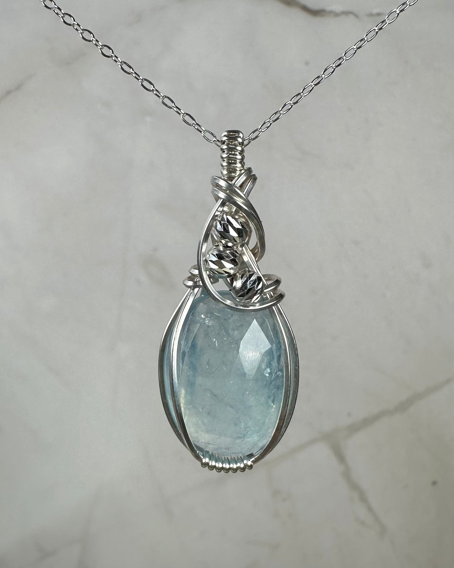 Wire-Wrapped Rosecut Aquamarine Pendant in Sterling Silver Wire