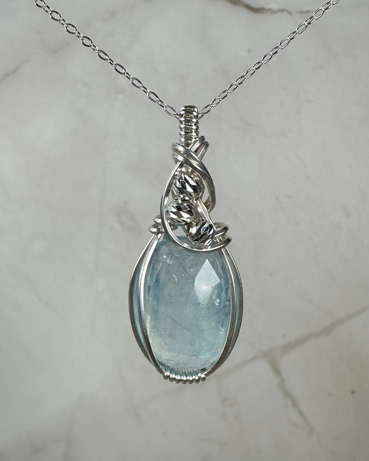 Wire-Wrapped Rosecut Aquamarine Pendant in Sterling Silver Wire