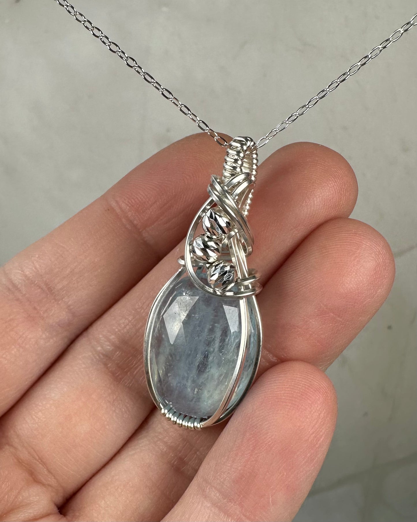 Wire-Wrapped Rosecut Aquamarine Pendant in Sterling Silver Wire