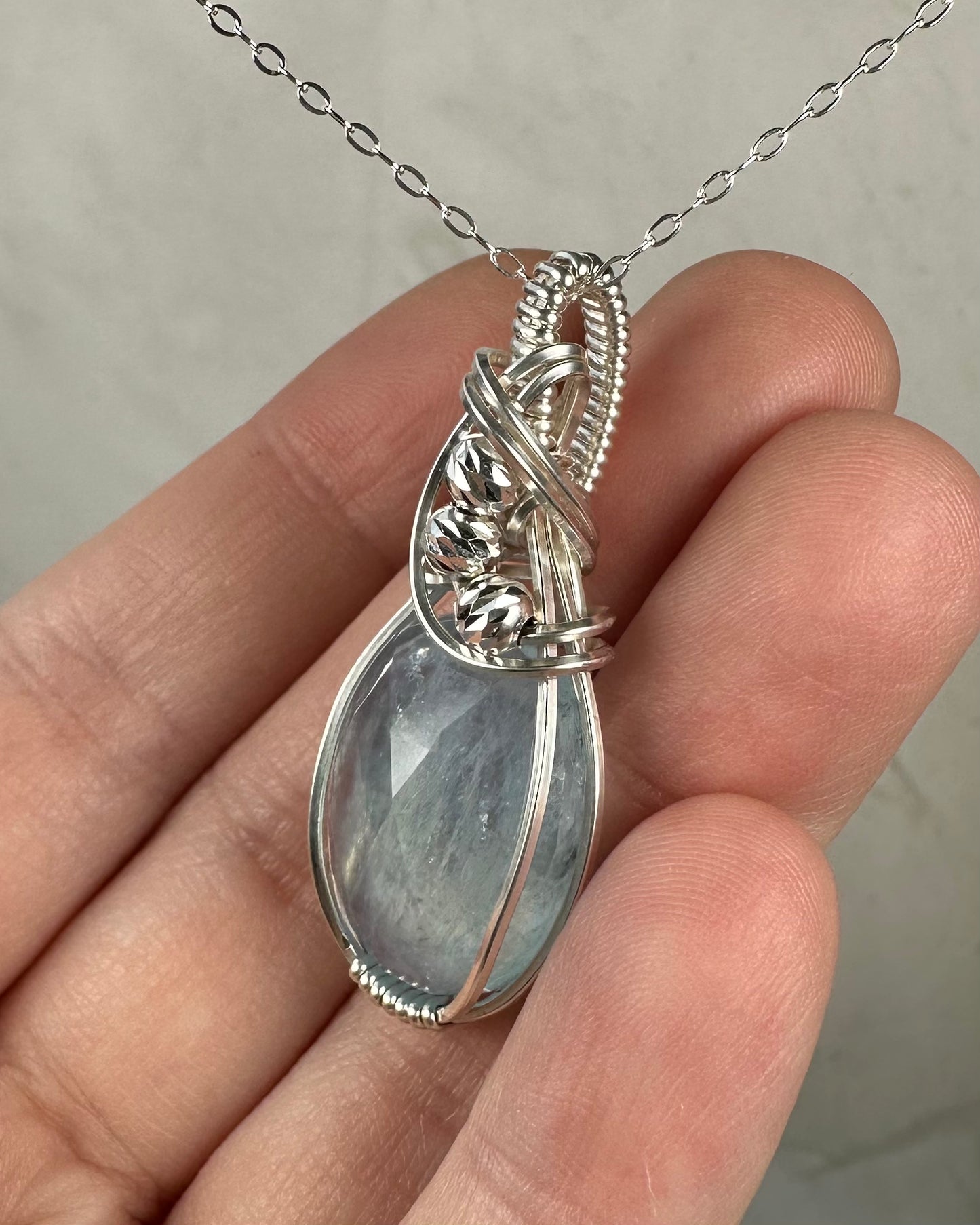 Wire-Wrapped Rosecut Aquamarine Pendant in Sterling Silver Wire