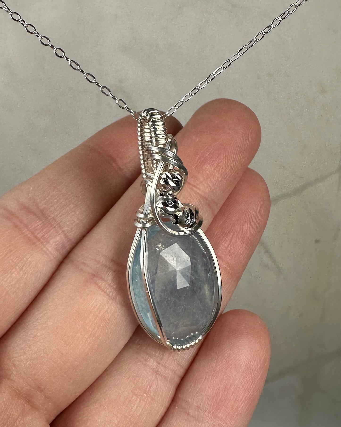 Wire-Wrapped Rosecut Aquamarine Pendant in Sterling Silver Wire