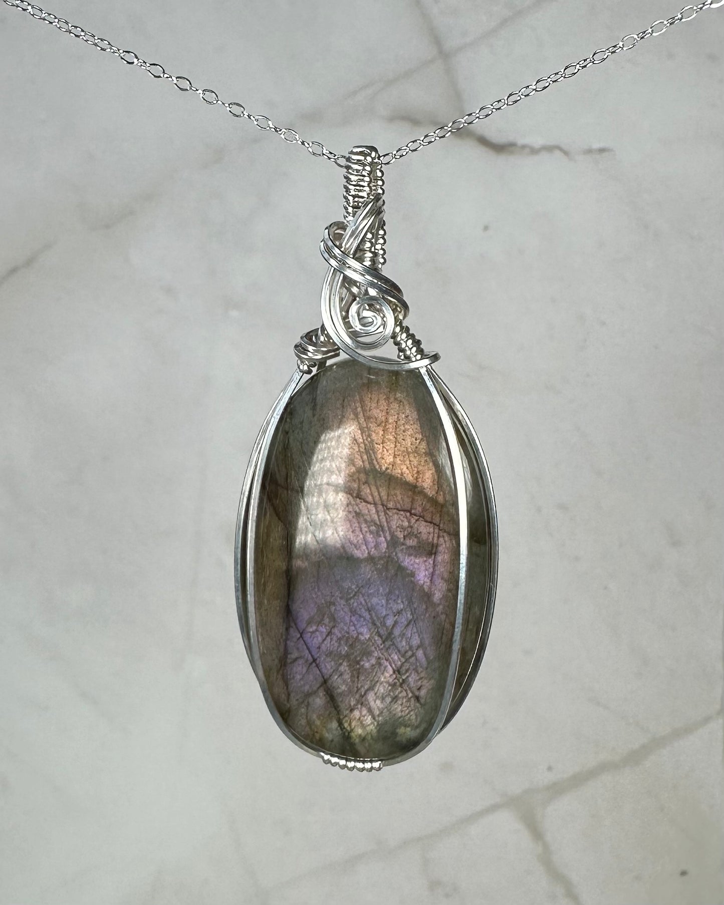 Flashy Purple Labradorite Pendant Wire-Wrapped in Sterling Silver