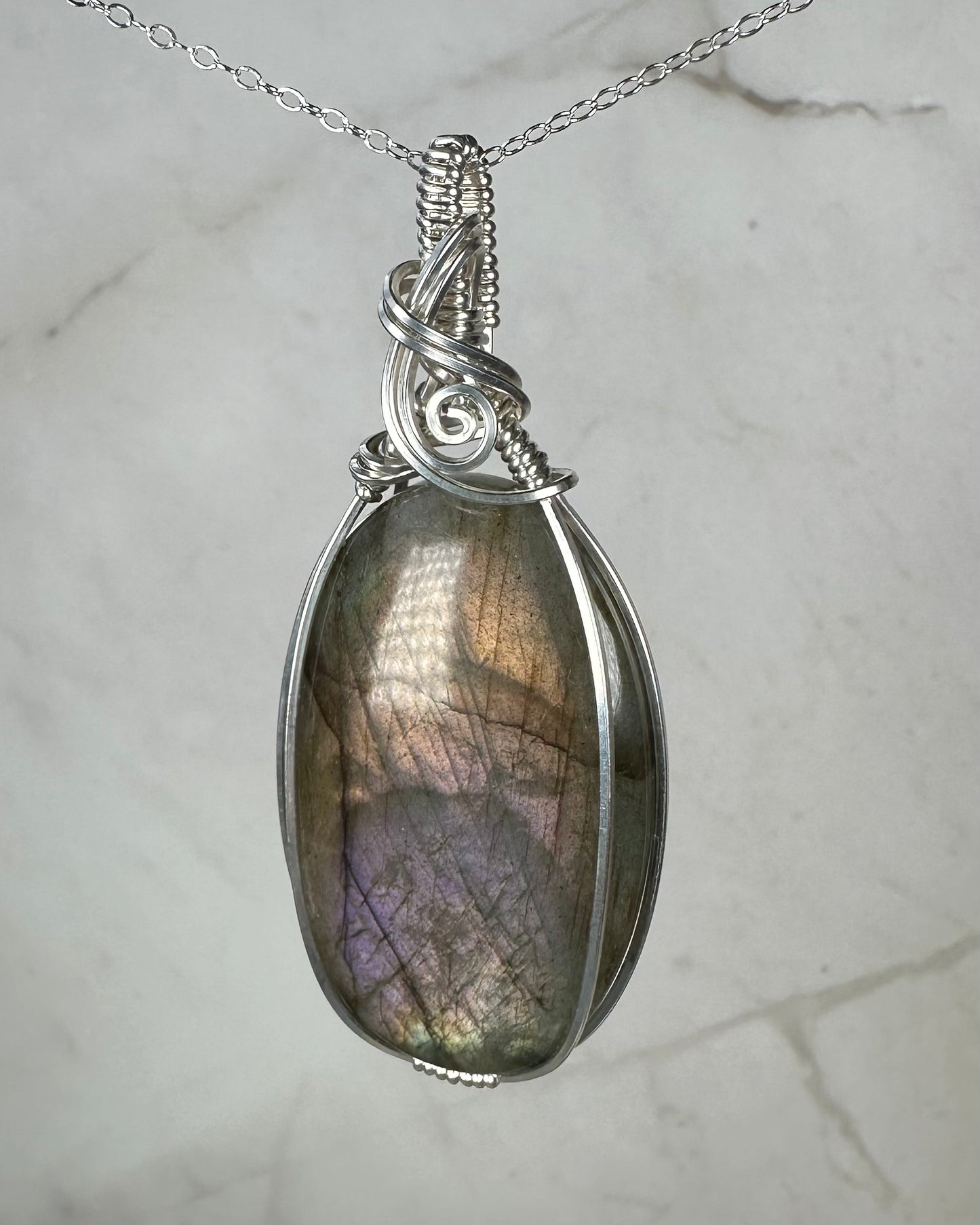 Flashy Purple Labradorite Pendant Wire-Wrapped in Sterling Silver