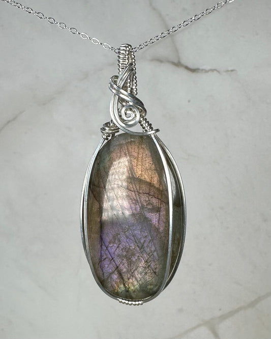 Flashy Purple Labradorite Pendant Wire-Wrapped in Sterling Silver