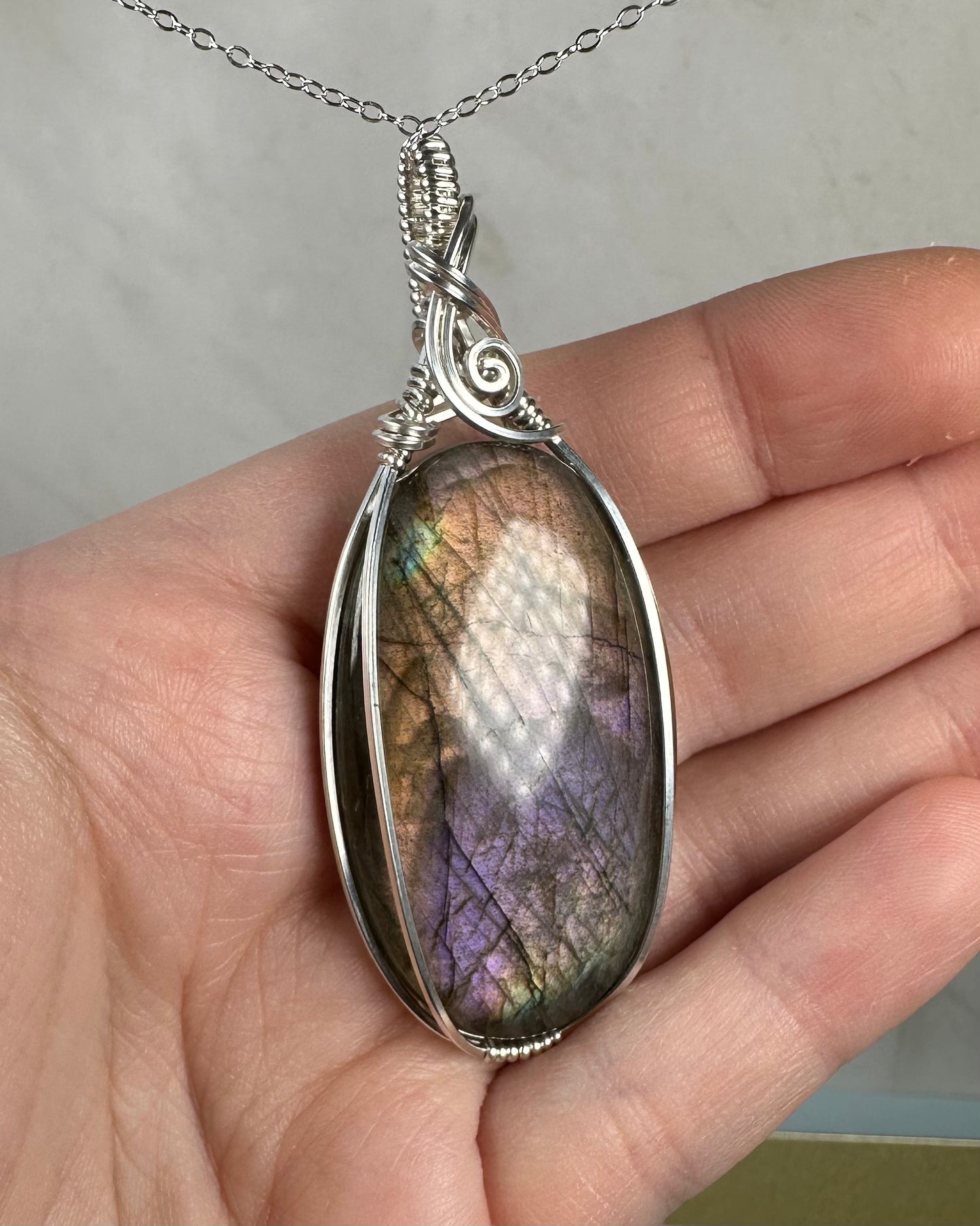 Flashy Purple Labradorite Pendant Wire-Wrapped in Sterling Silver