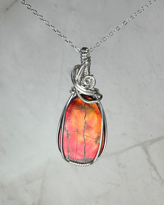 Flashy Rare, Natural Ammolite Pendant Wire-Wrapped in Sterling Silver