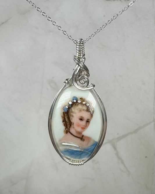 Vintage Porcelain Limoges France Cameo Portrait Pendant Wire-Wrapped in Sterling Silver
