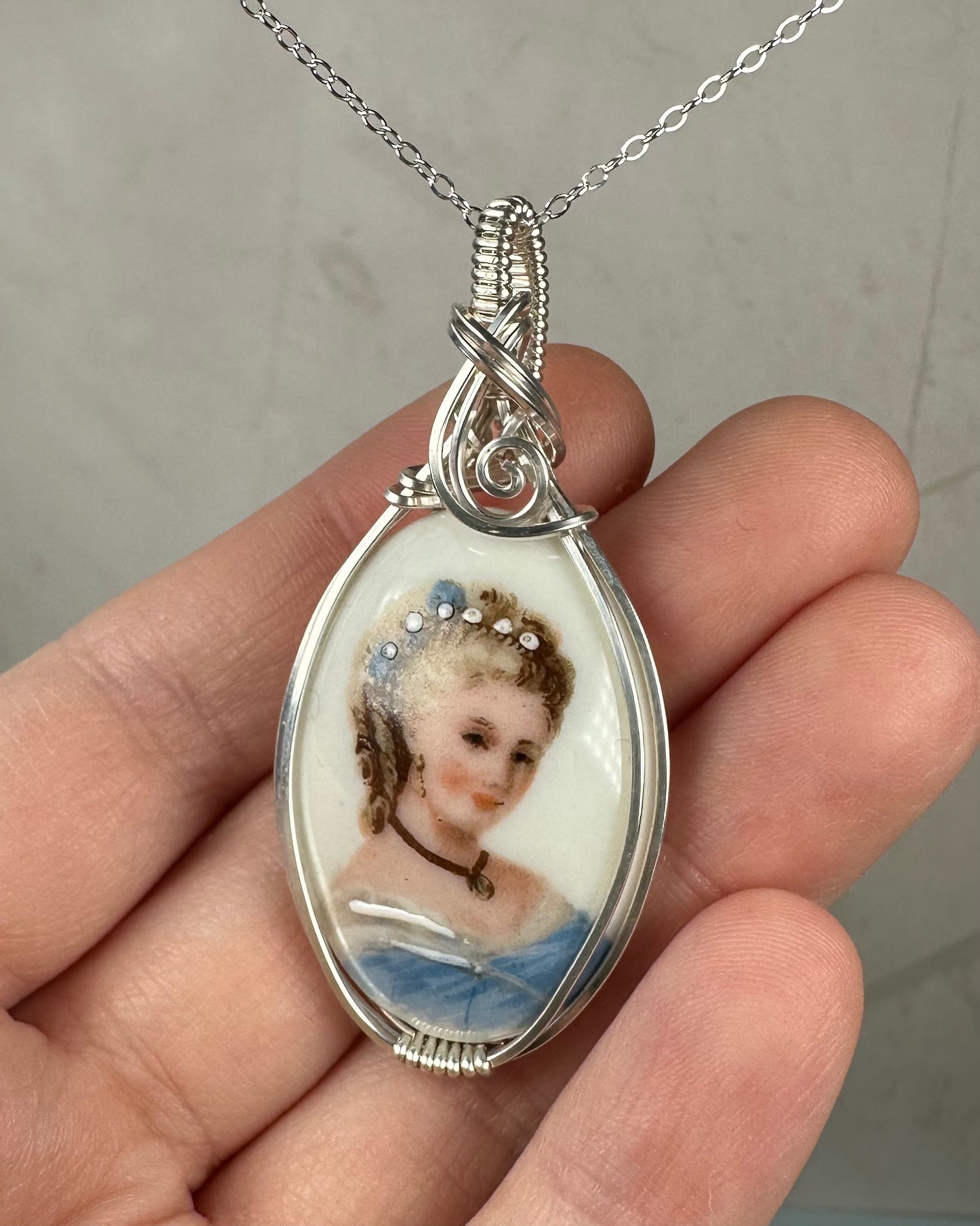 Vintage Porcelain Limoges France Cameo Portrait Pendant Wire-Wrapped in Sterling Silver