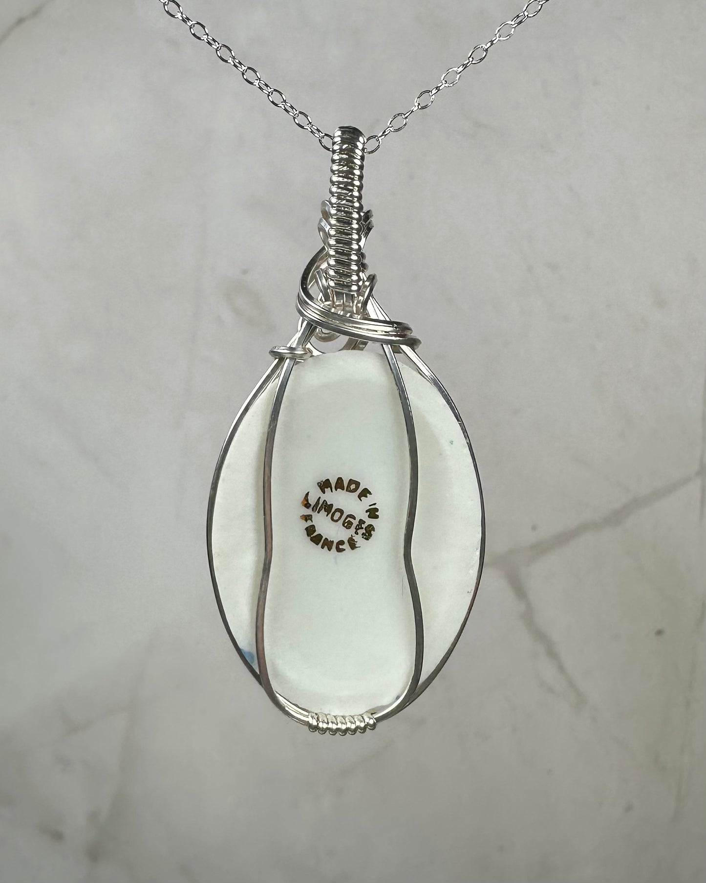 Vintage Porcelain Limoges France Cameo Portrait Pendant Wire-Wrapped in Sterling Silver