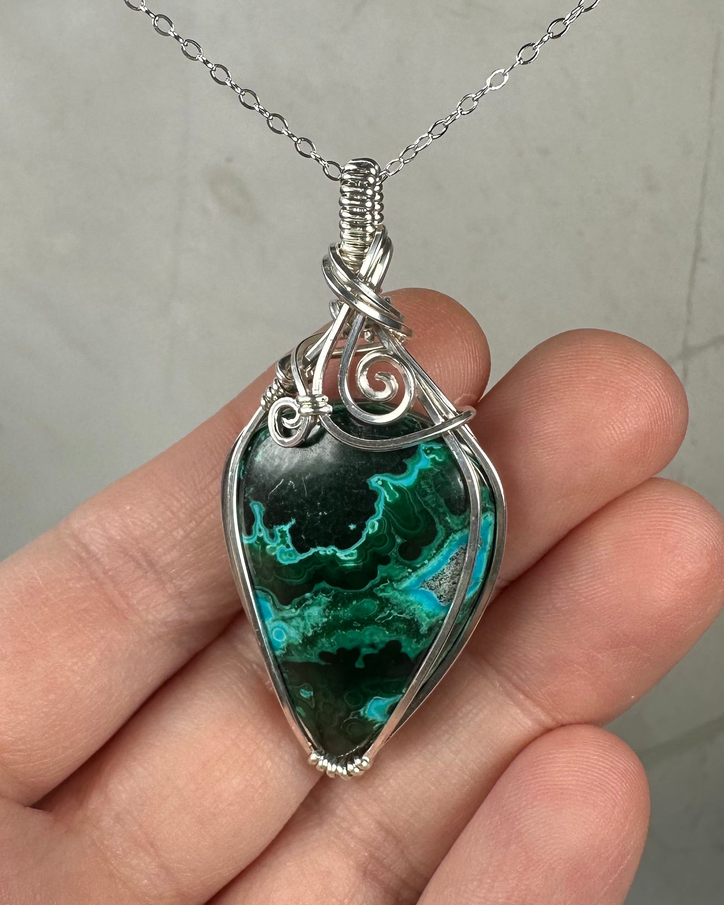 Chrysocolla Pendant Wire-Wrapped in Sterling Silver