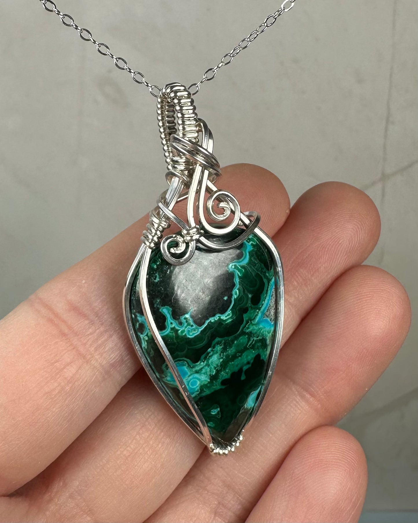 Chrysocolla Pendant Wire-Wrapped in Sterling Silver