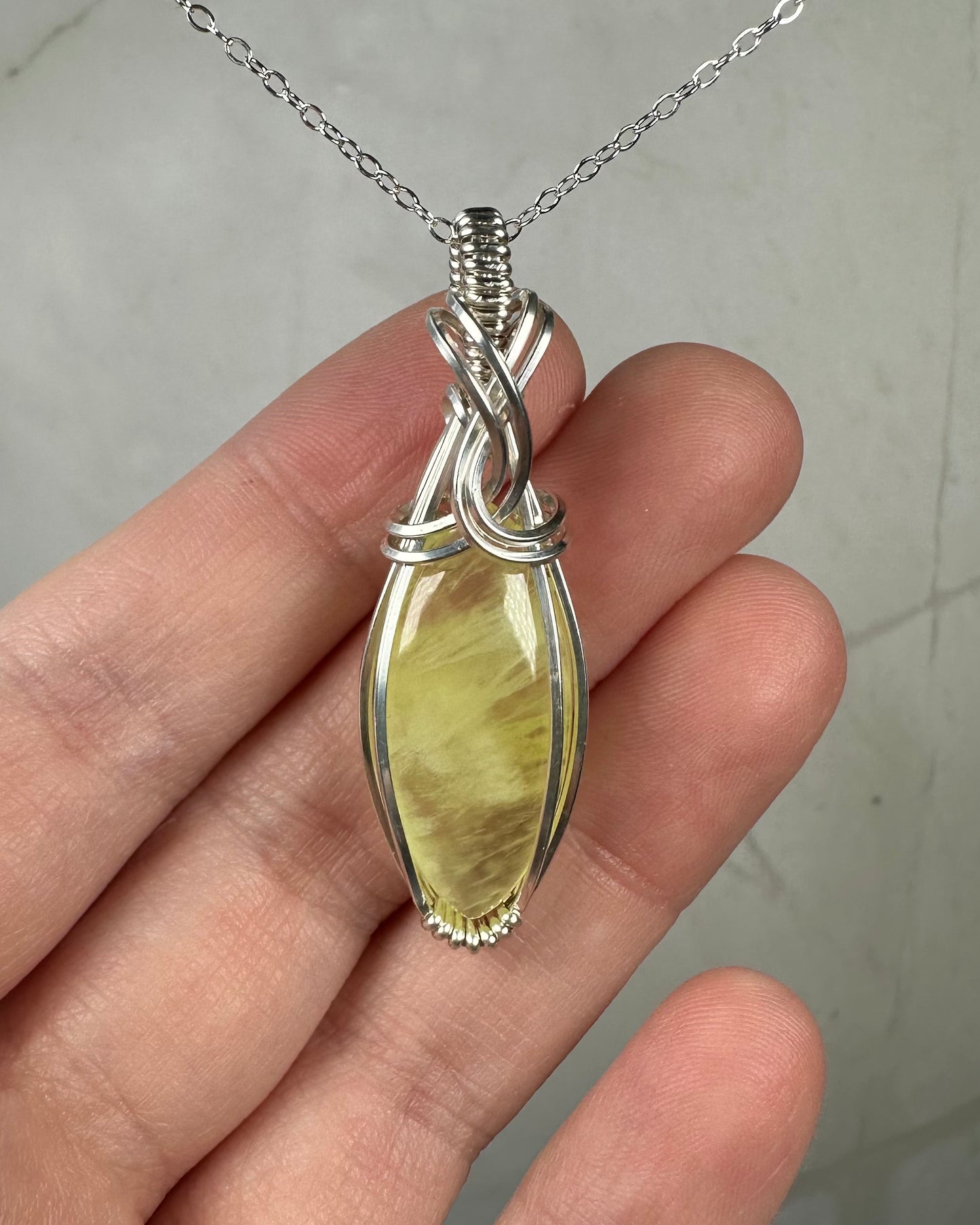 Wire-Wrapped Natural Green/Yellow Prehnite Pendant in Sterling Silver