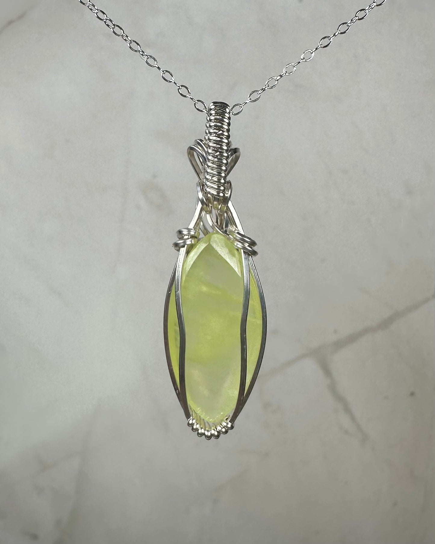 Wire-Wrapped Natural Green/Yellow Prehnite Pendant in Sterling Silver