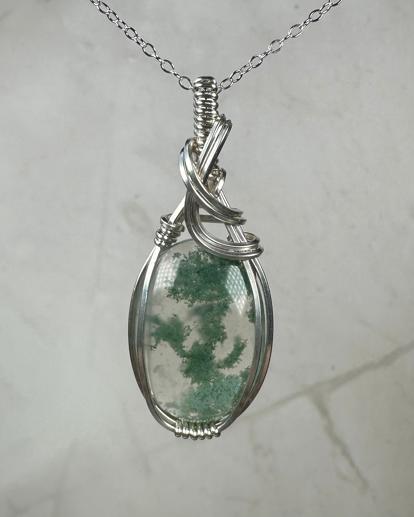 Moss Agate Pendant Wrapped in Sterling Silver Wire
