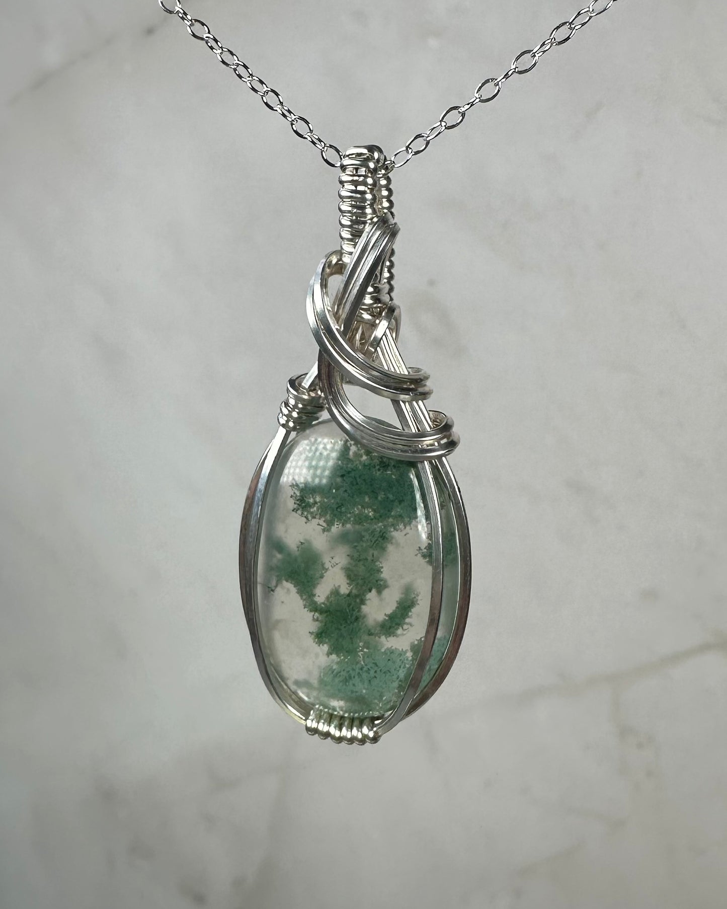 Moss Agate Pendant Wrapped in Sterling Silver Wire