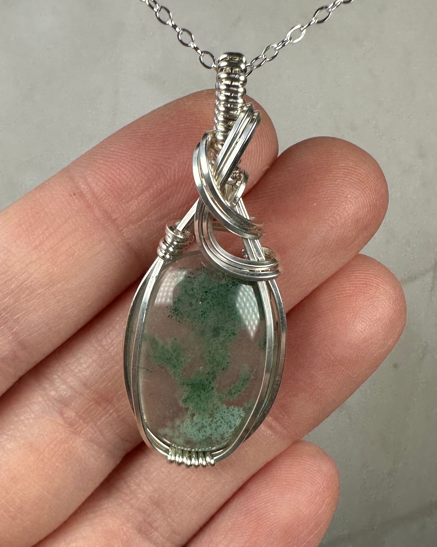 Moss Agate Pendant Wrapped in Sterling Silver Wire
