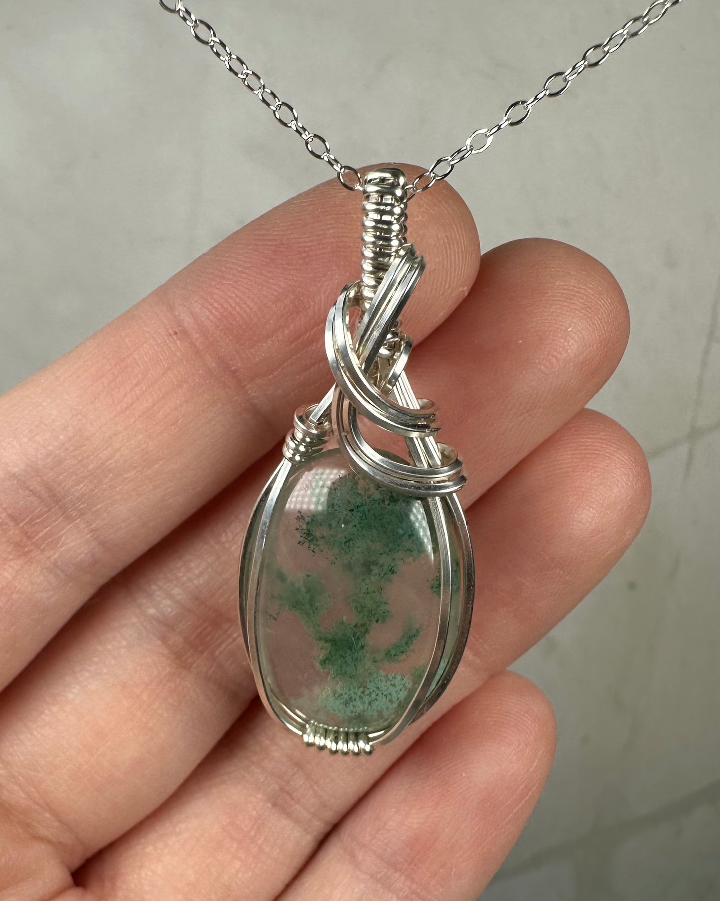 Moss Agate Pendant Wrapped in Sterling Silver Wire