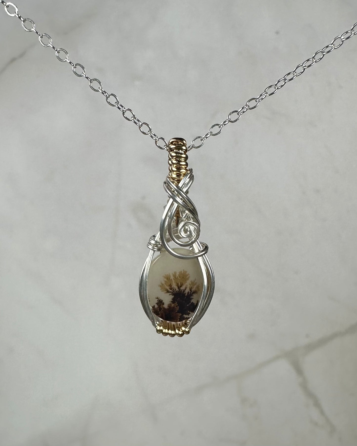 Dendritic "Picture" Agate Pendant Wrapped in Sterling Silver and 14k Goldfilled Wire