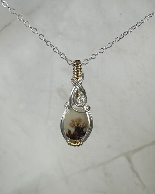 Dendritic "Picture" Agate Pendant Wrapped in Sterling Silver and 14k Goldfilled Wire
