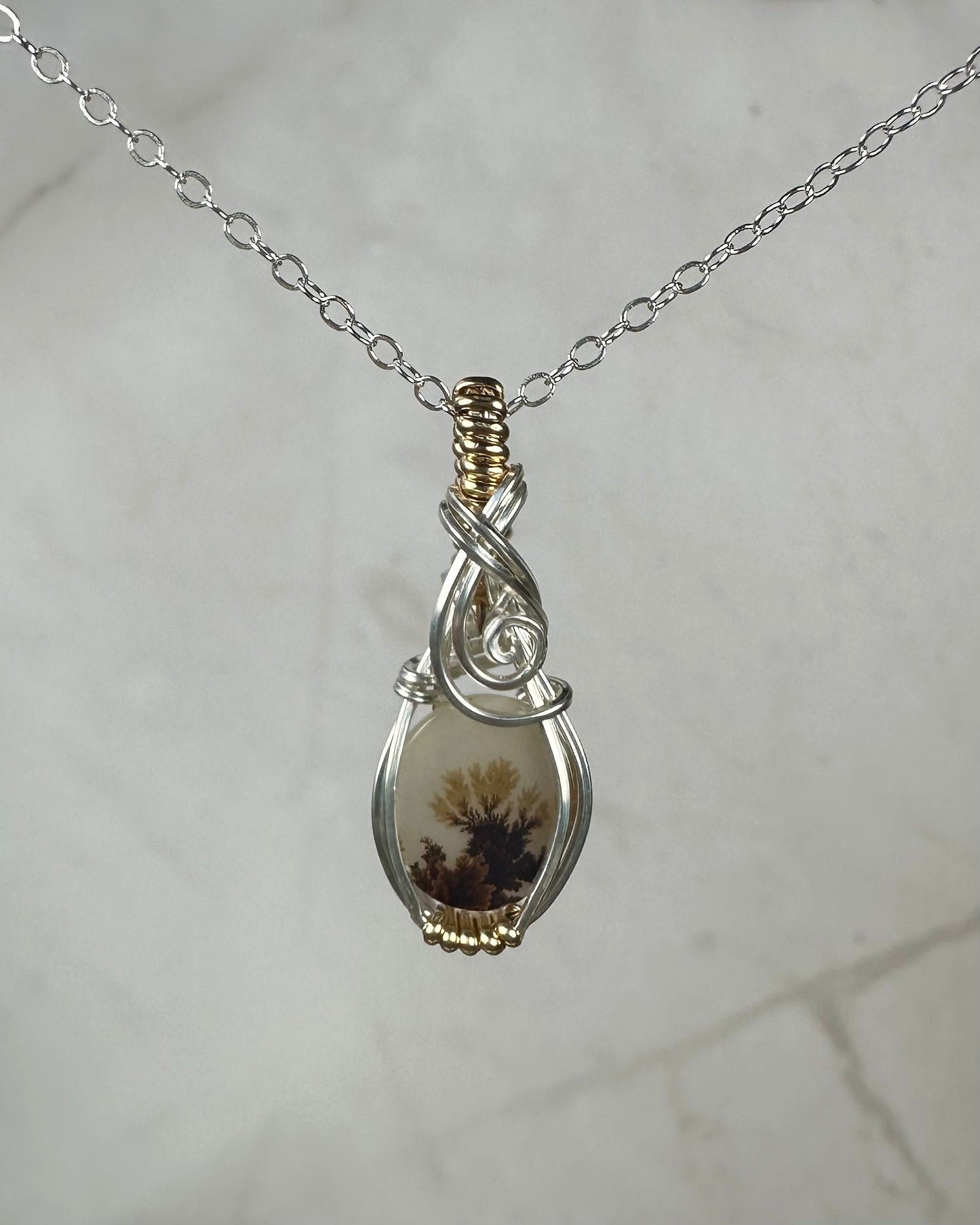 Dendritic "Picture" Agate Pendant Wrapped in Sterling Silver and 14k Goldfilled Wire