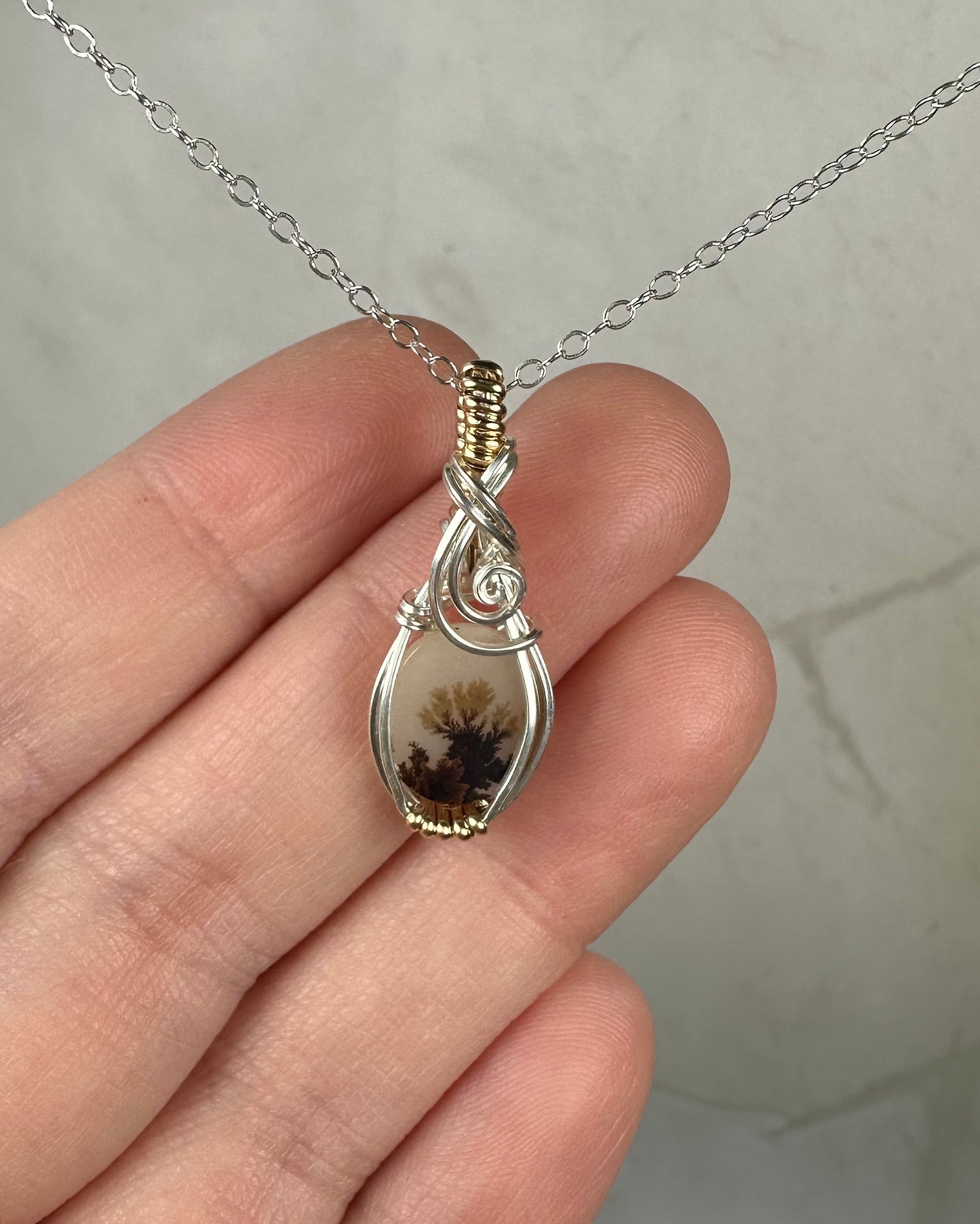 Dendritic "Picture" Agate Pendant Wrapped in Sterling Silver and 14k Goldfilled Wire