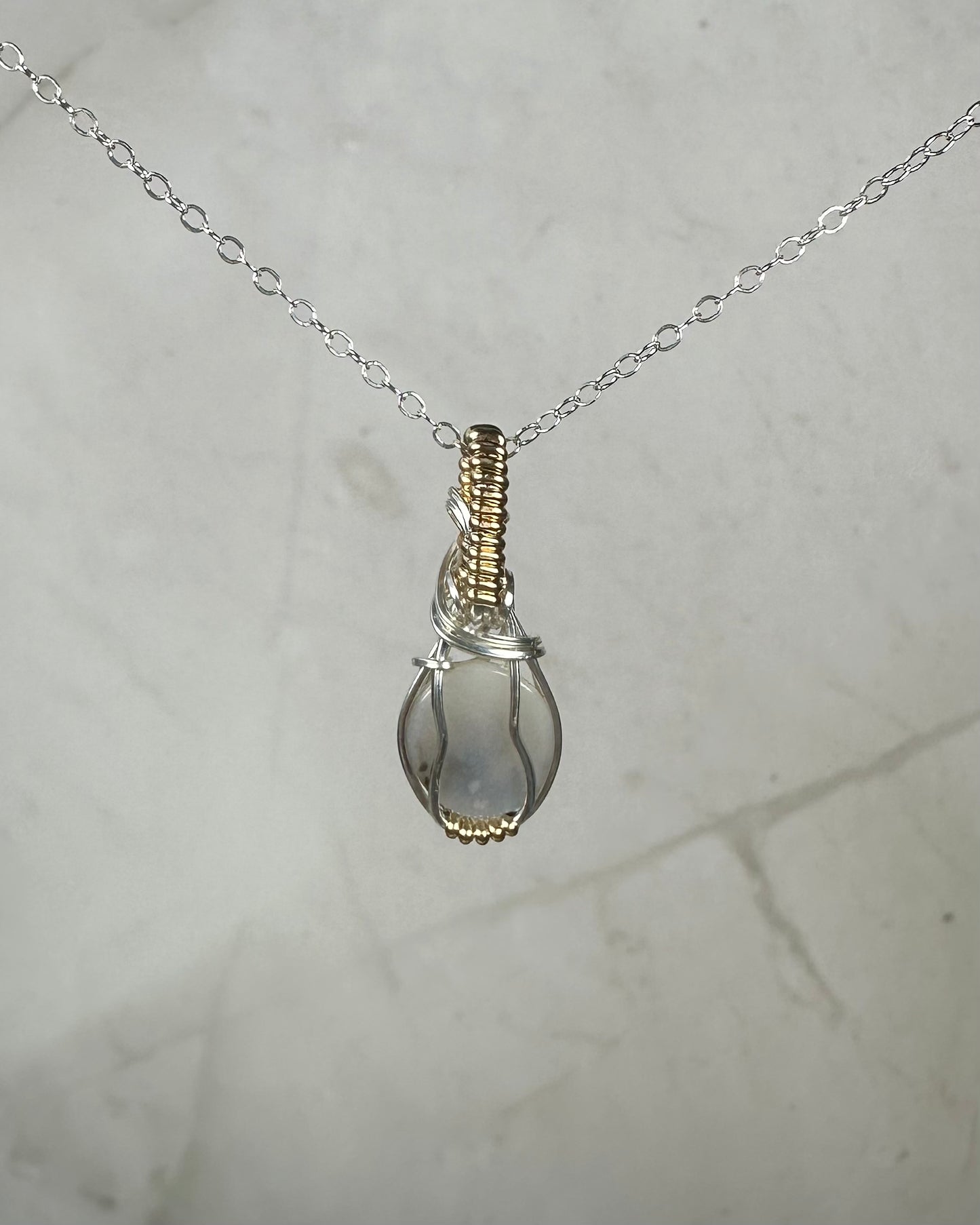 Dendritic "Picture" Agate Pendant Wrapped in Sterling Silver and 14k Goldfilled Wire