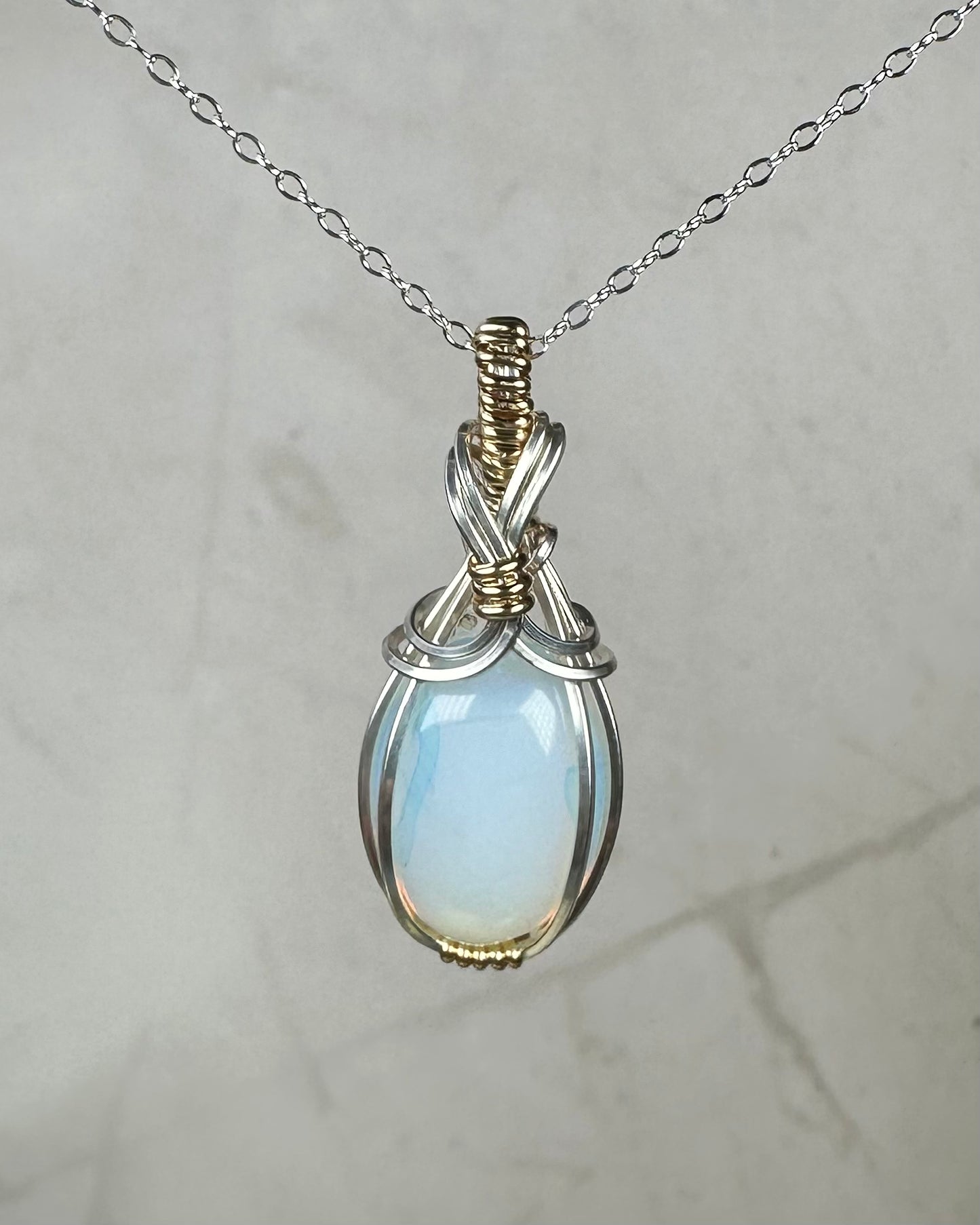 Opalite Glass Pendant Wrapped in Sterling Silver and 14k Goldfilled Wire