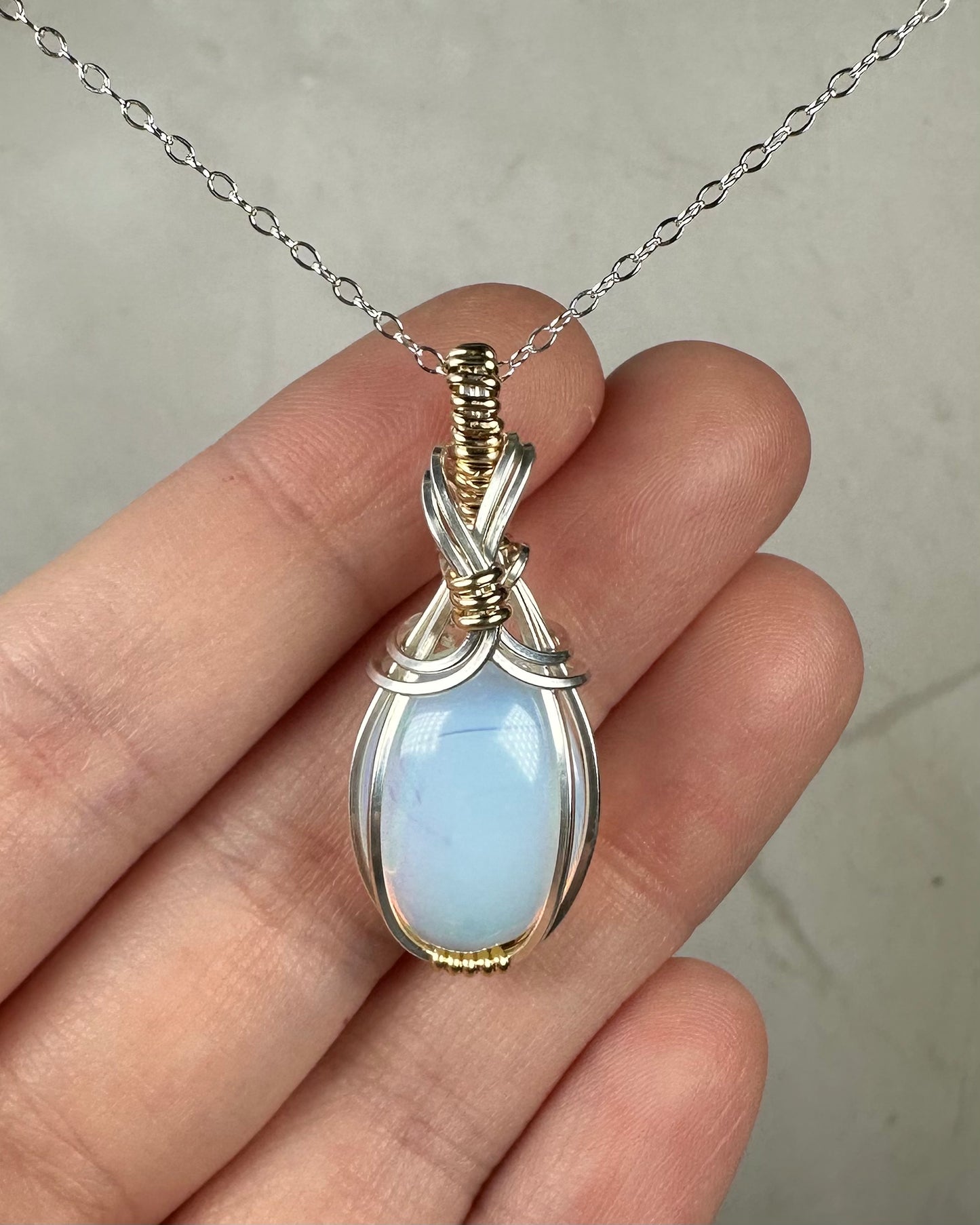 Opalite Glass Pendant Wrapped in Sterling Silver and 14k Goldfilled Wire