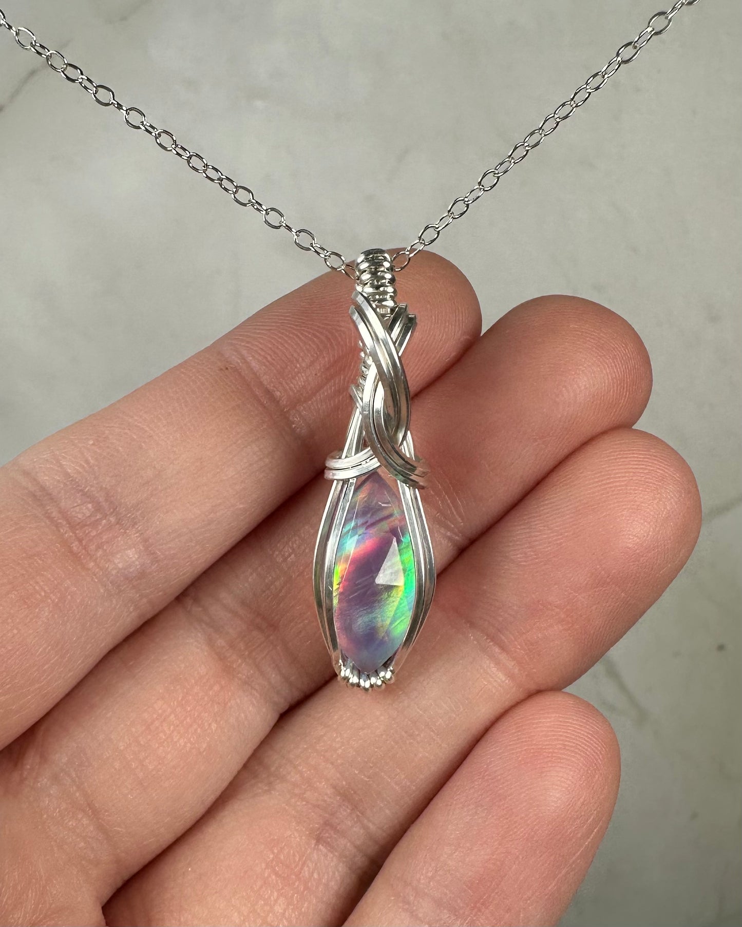 Aurora Opal Doublet Pendant Wire-Wrapped in Sterling Silver