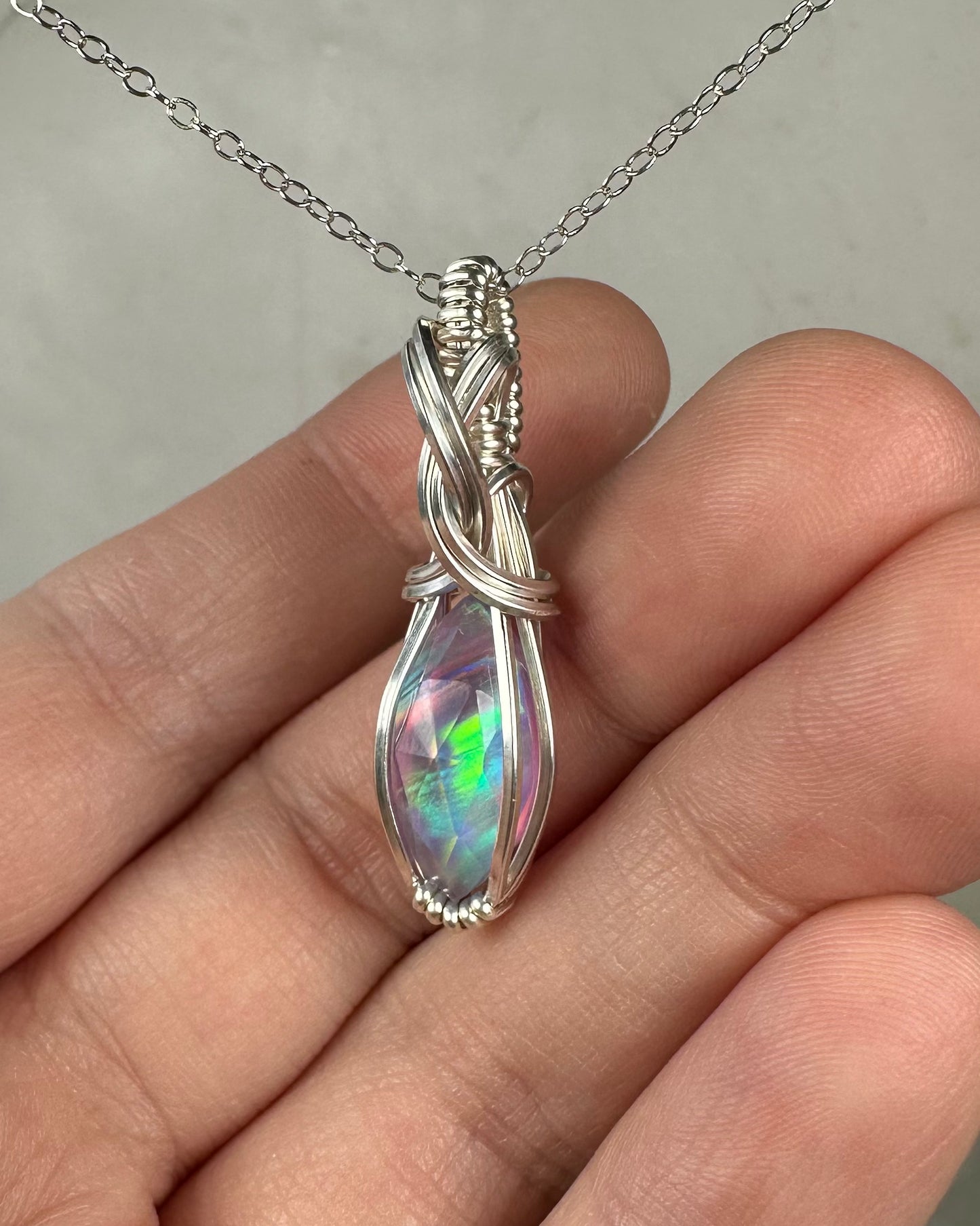 Aurora Opal Doublet Pendant Wire-Wrapped in Sterling Silver