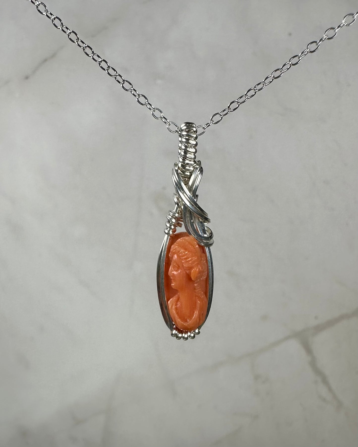 Antique Carved Coral Cameo of Woman Pendant Wire-Wrapped in Sterling Silver