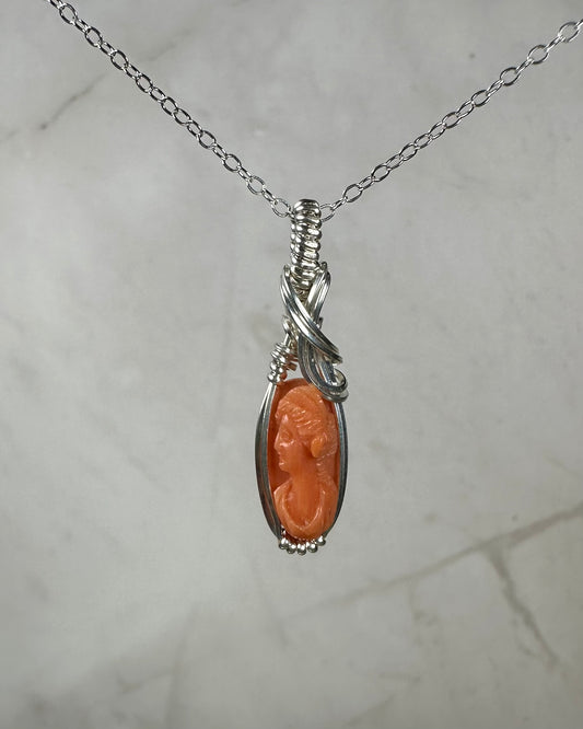 Antique Carved Coral Cameo of Woman Pendant Wire-Wrapped in Sterling Silver