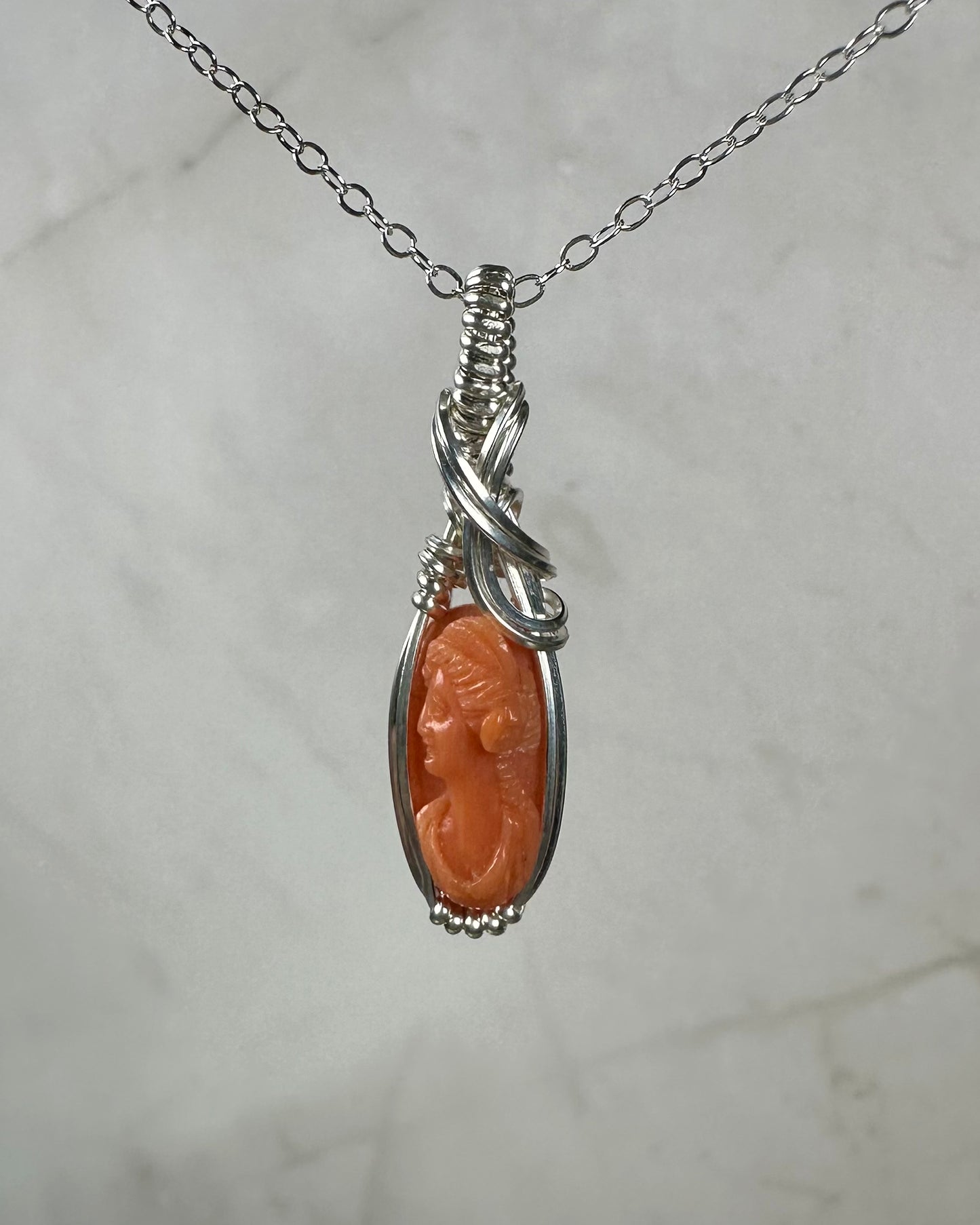 Antique Carved Coral Cameo of Woman Pendant Wire-Wrapped in Sterling Silver